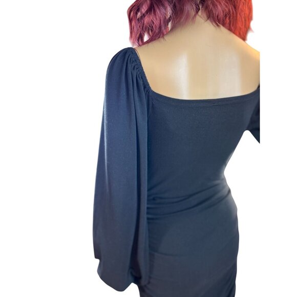 (6 for $25) Lantern Sleeve Ruched Mini Dress in Black Size Small - Picture 7 of 11